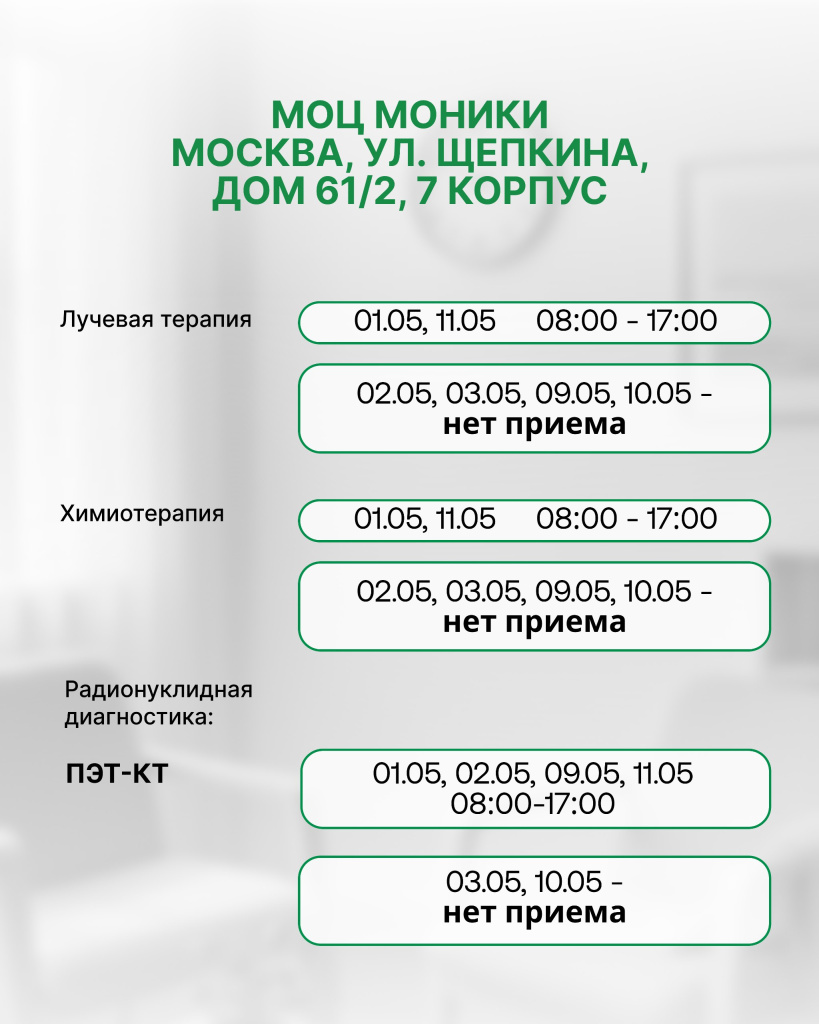 Режим работы Международного Онкологического Центра в период майских праздников